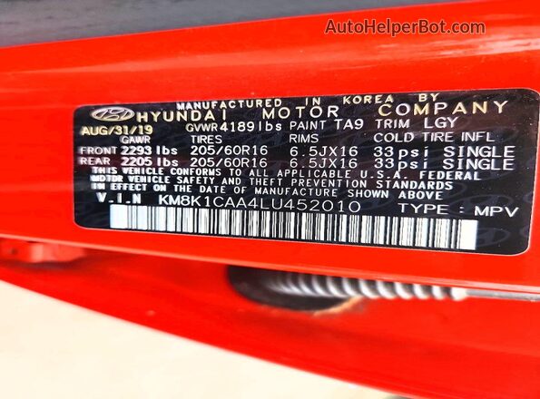KM8K1CAA4LU452010 2020 HYUNDAI KONA Orange Engine compartment view