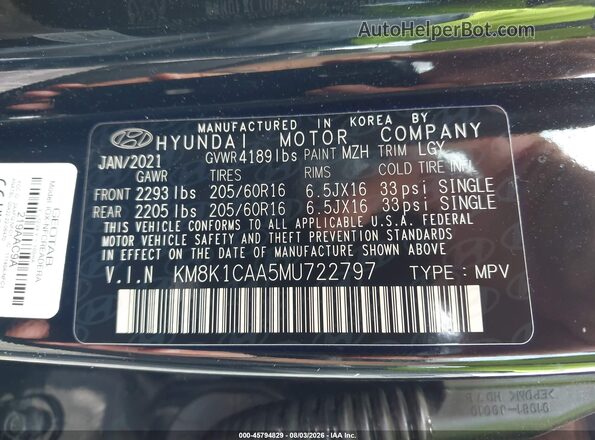 KM8K1CAA5MU722797 2021 HYUNDAI KONA Black ძრავის განყოფილების ხედი