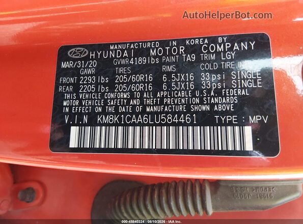 KM8K1CAA6LU584461 2020 HYUNDAI KONA Red Շարժիչի բաժամունքի տեսք