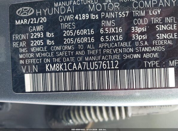 KM8K1CAA7LU576112 2020 HYUNDAI KONA Серый Вид подкапотного пространства