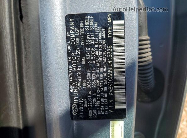 KM8K1CAA8LU415736 2020 HYUNDAI KONA Silver Вид наклейки з VIN-кодом