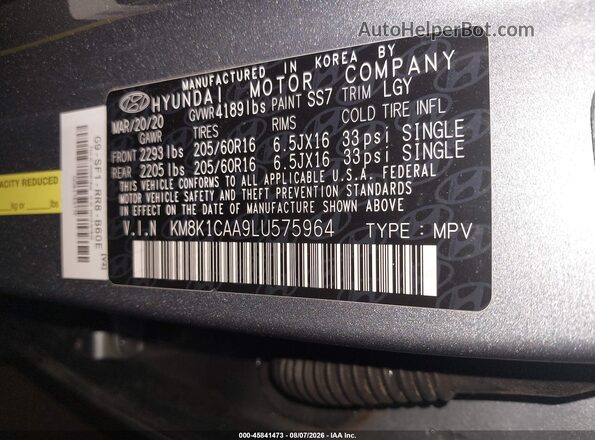 KM8K1CAA9LU575964 2020 HYUNDAI KONA Gray Շարժիչի բաժամունքի տեսք