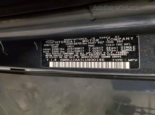 KM8K22AA1LU400146 2020 HYUNDAI KONA Charcoal VIN կոդի պիտակի տեսք