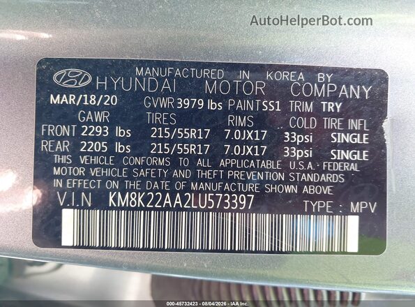 KM8K22AA2LU573397 2020 HYUNDAI KONA Серебряный Вид подкапотного пространства