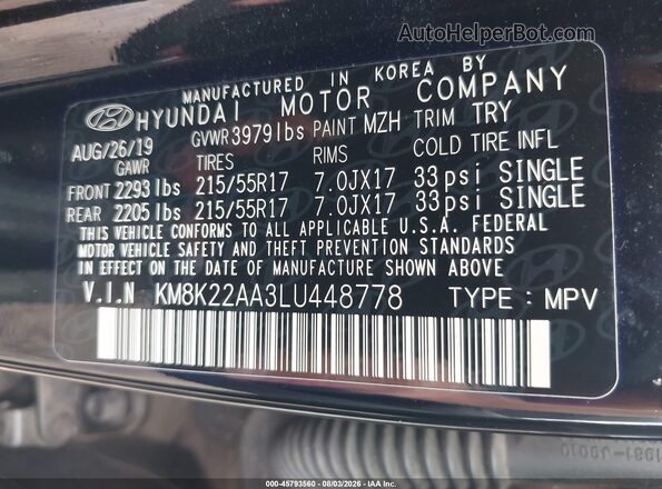 KM8K22AA3LU448778 2020 HYUNDAI KONA Black Շարժիչի բաժամունքի տեսք