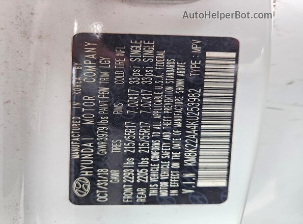 KM8K22AA4KU253982 2019 HYUNDAI KONA White VIN კოდის სტიკერის ხედი