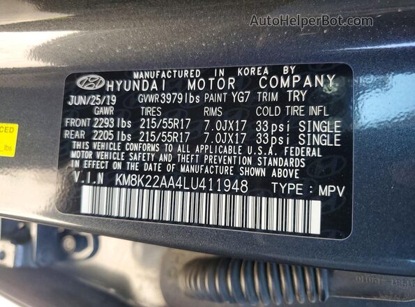 KM8K22AA4LU411948 2020 HYUNDAI KONA Серый Вид наклейки с VIN-кодом