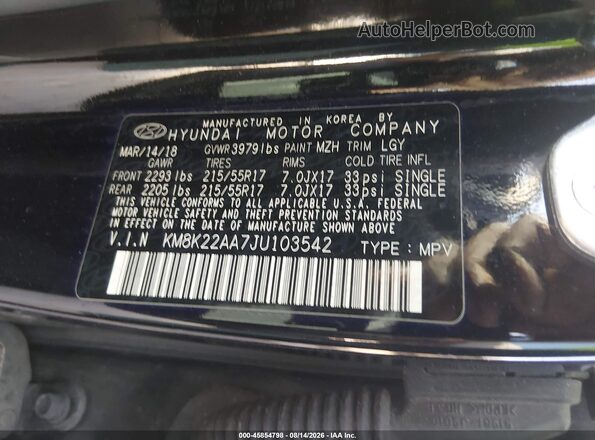 KM8K22AA7JU103542 2018 HYUNDAI KONA Black Widok komory silnika