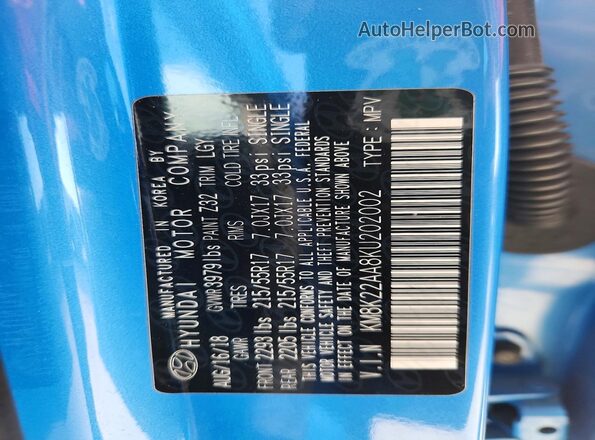 KM8K22AA8KU202002 2019 HYUNDAI KONA Blue Շարժիչի բաժամունքի տեսք