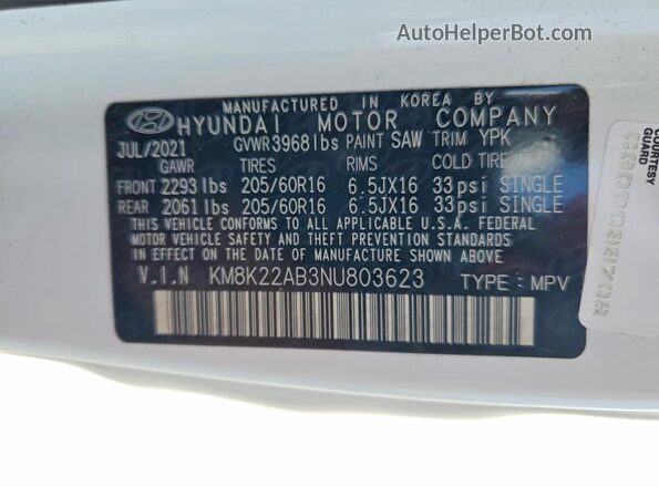 KM8K22AB3NU803623 2022 HYUNDAI KONA White VIN sticker view
