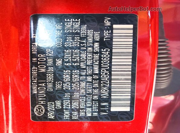 KM8K22AB5PU036845 2023 HYUNDAI KONA Red Vista de la etiqueta del VIN