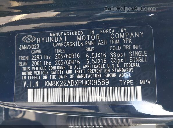 KM8K22ABXPU009589 2023 HYUNDAI KONA Black Engine compartment view
