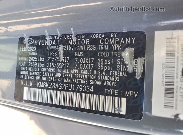 KM8K23AG2PU179334 2023 HYUNDAI KONA Gray Widok naklejki z numerem VIN