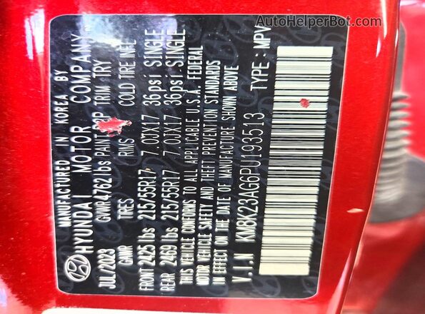 KM8K23AG6PU193513 2023 HYUNDAI KONA Red VIN კოდის სტიკერის ხედი