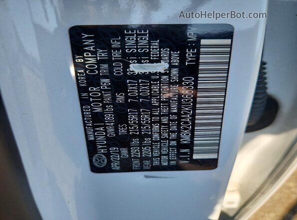 KM8K2CAA2KU368330 2019 HYUNDAI KONA White Vista del compartimento del motor