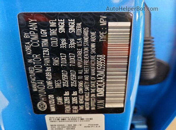 KM8K2CAA2MU599568 2021 HYUNDAI KONA Blue Vista del compartimento del motor