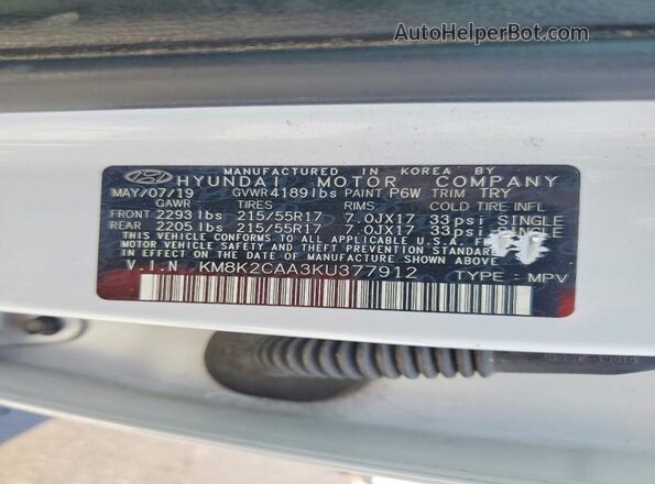 KM8K2CAA3KU377912 2019 HYUNDAI KONA White Widok wnętrza 360 stopni