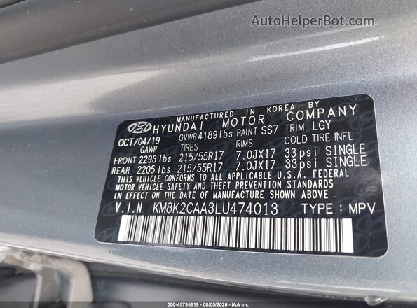 KM8K2CAA3LU474013 2020 HYUNDAI KONA Gray Շարժիչի բաժամունքի տեսք