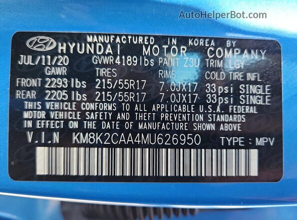 KM8K2CAA4MU626950 2021 HYUNDAI KONA Blue Панорамний вид салону 360°