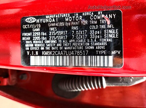 KM8K2CAA7LU478517 2020 HYUNDAI KONA Red VIN կոդի պիտակի տեսք
