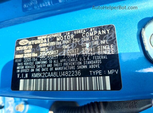 KM8K2CAA8LU482236 2020 HYUNDAI KONA Blue Widok naklejki z numerem VIN