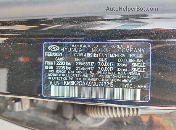 KM8K2CAA9MU747215 2021 HYUNDAI KONA Black Widok naklejki z numerem VIN