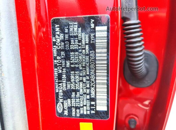 KM8K2CAB0NU807683 2022 HYUNDAI KONA Red Vista de la etiqueta del VIN