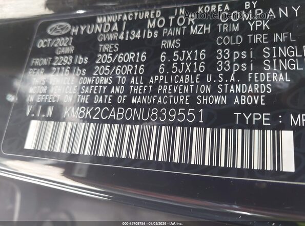 KM8K2CAB0NU839551 2022 HYUNDAI KONA Black Vista del compartimento del motor
