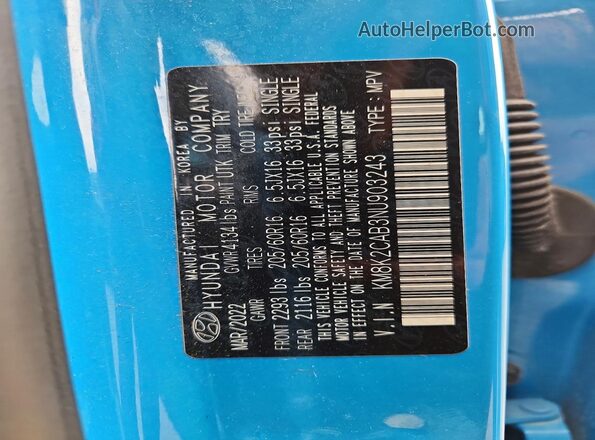 KM8K2CAB3NU903243 2022 HYUNDAI KONA Blue Vista de la etiqueta del VIN
