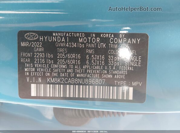 KM8K2CAB8NU896807 2022 HYUNDAI KONA Blue Engine compartment view