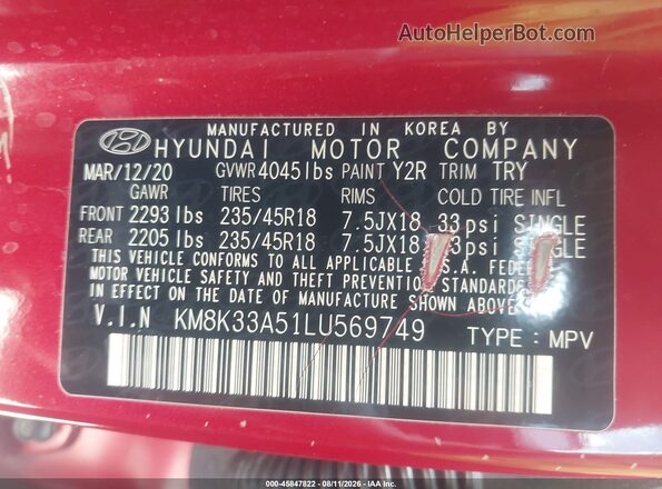 KM8K33A51LU569749 2020 HYUNDAI KONA Red Engine compartment view