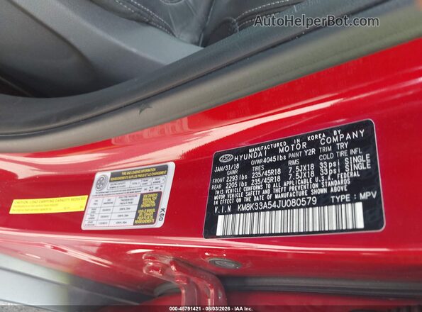 KM8K33A54JU080579 2018 HYUNDAI KONA Red Widok komory silnika