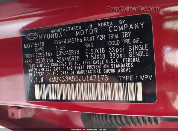 KM8K33A55JU147173 2018 HYUNDAI KONA Бордовый Вид подкапотного пространства