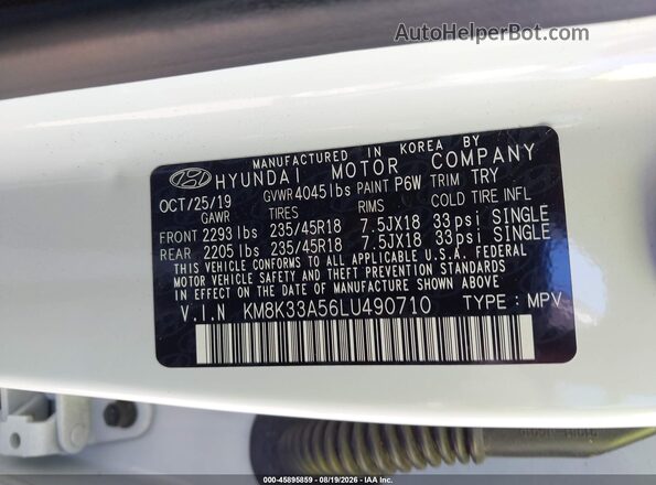 KM8K33A56LU490710 2020 HYUNDAI KONA White ძრავის განყოფილების ხედი