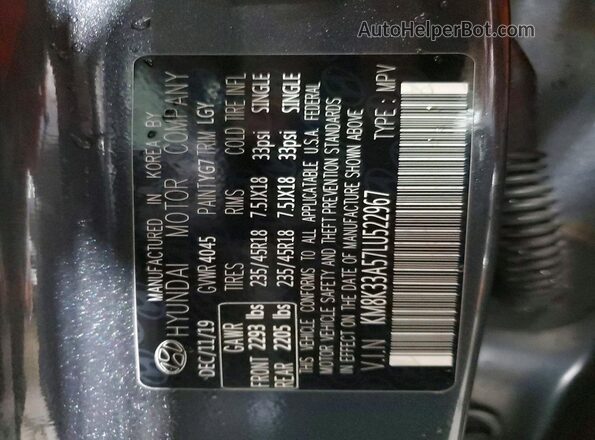 KM8K33A57LU522967 2020 HYUNDAI KONA Charcoal Vista del compartimento del motor
