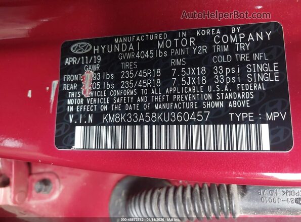 KM8K33A58KU360457 2019 HYUNDAI KONA Red Вид підкапотного простору