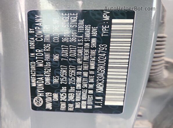 KM8K33AG8KU024793 2019 HYUNDAI KONA Gray Widok naklejki z numerem VIN