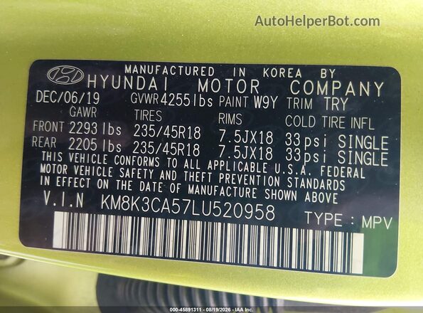 KM8K3CA57LU520958 2020 HYUNDAI KONA Green Widok komory silnika