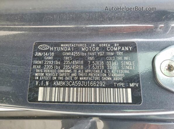 KM8K3CA59JU166292 2018 HYUNDAI KONA Charcoal VIN კოდის სტიკერის ხედი