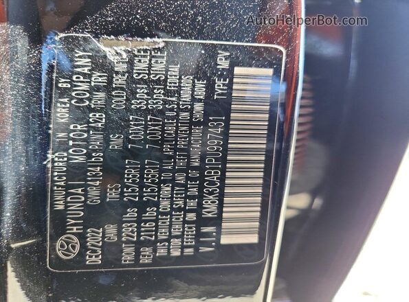KM8K3CAB1PU997431 2023 HYUNDAI KONA Black Вид наклейки з VIN-кодом