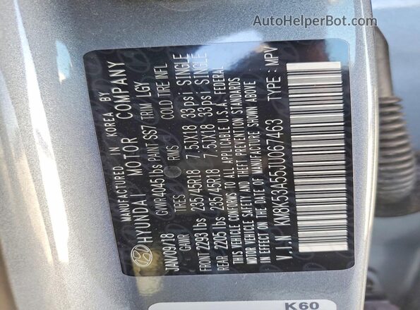 KM8K53A55JU067463 2018 HYUNDAI KONA Gray VIN კოდის სტიკერის ხედი