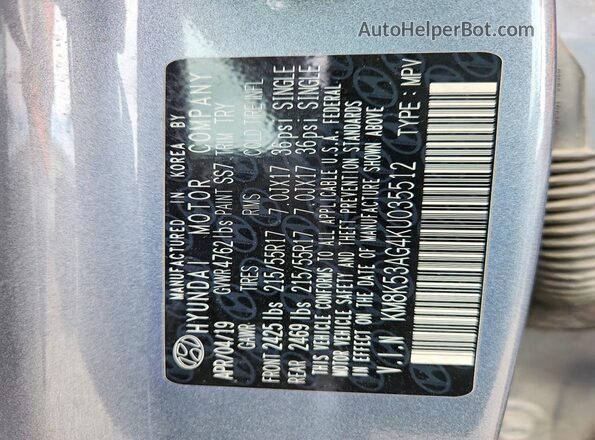 KM8K53AG4KU035512 2019 HYUNDAI KONA Gray Widok komory silnika