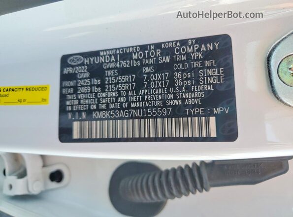 KM8K53AG7NU155597 2022 HYUNDAI KONA White 