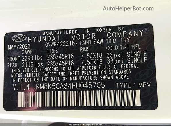 KM8K5CA34PU045705 2023 HYUNDAI KONA White Вид підкапотного простору