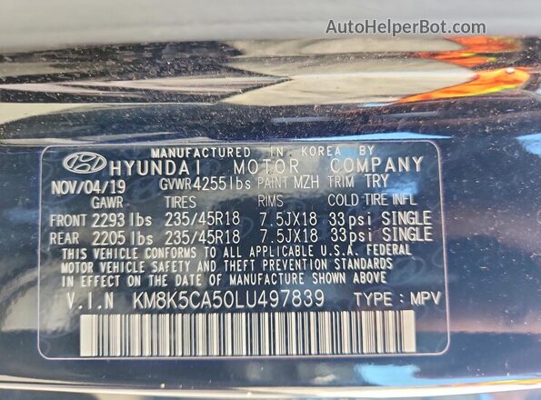 KM8K5CA50LU497839 2020 HYUNDAI KONA Black VIN კოდის სტიკერის ხედი