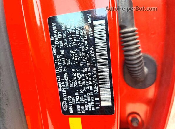 KM8K5CA50LU569056 2020 HYUNDAI KONA Orange Widok naklejki z numerem VIN