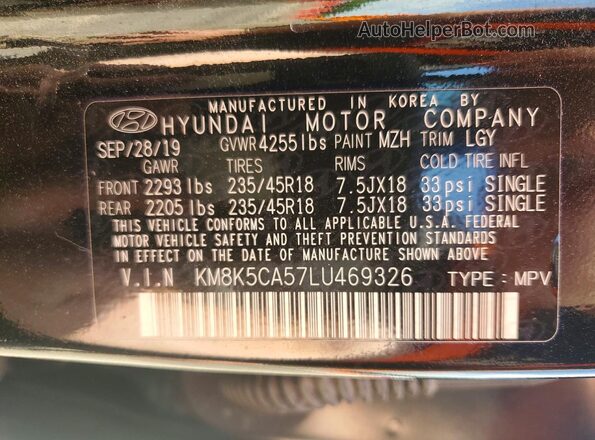 KM8K5CA57LU469326 2020 HYUNDAI KONA Black VIN sticker view