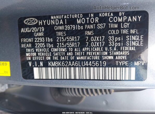 KM8K62AA6LU445619 2020 HYUNDAI KONA Серебряный Вид подкапотного пространства
