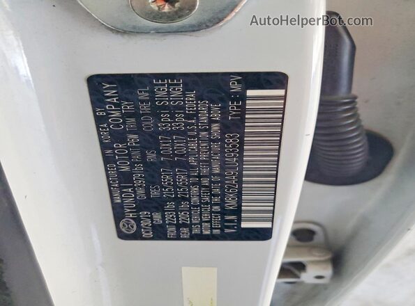KM8K62AA9LU493583 2020 HYUNDAI KONA White VIN կոդի պիտակի տեսք