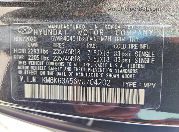KM8K63A56MU704202 2021 HYUNDAI KONA Черный Вид наклейки с VIN-кодом